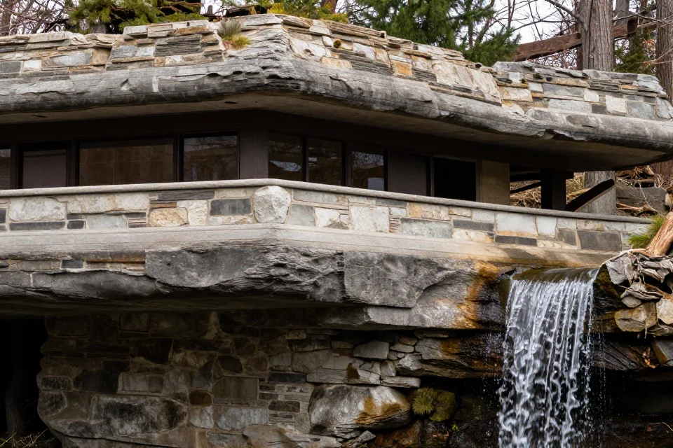 Detalles de la fachada de la Casa de la Cascada mostrando su integración con las rocas y la cascada, con iluminación natural que resalta los materiales